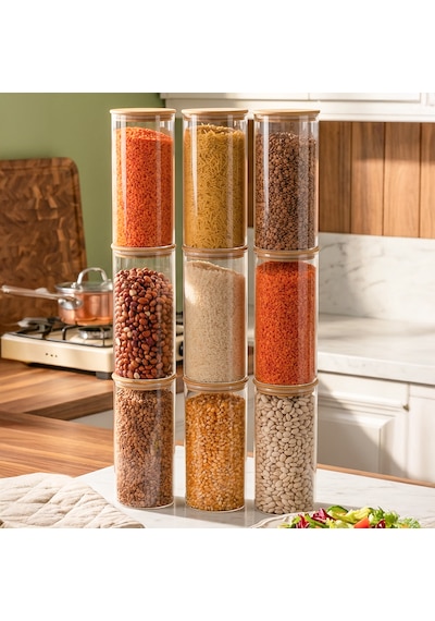 Porsima 2-3 Bambu Vakumlu Kapaklı Yuvarlak Borosilikat Cam 9lu Kavanoz Seti Saklama Kabı 1300ml 10x20cm Şeffaf