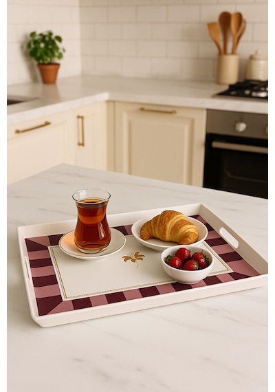 Makri Home Çizgili Desenli Servis Tepsisi 38x28x3,5 Cm, Bordo Bordo