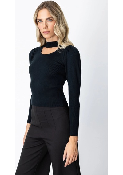 On Fashion Kadın Yakası Pencereli Balon Kol Siyah Kazak 65303 Siyah