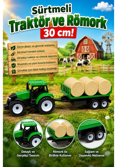 Traktör Seti 30 Cm Sürtmeli Römorklu Oyuncak Çiftlik Aracı