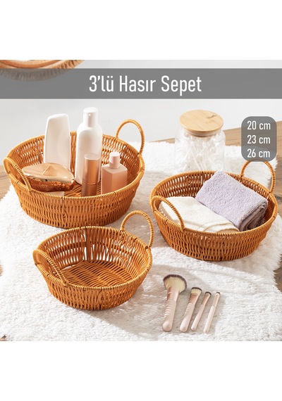 Porsima 304d 3 Lü Düzenleyici Hasır Sepet Seti Ekmeklik Sepet