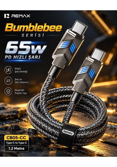 Remax Cb05-cc Bumblebee Serisi 65w Pd Type-c To Type-c Led Işıklı Çinko Alaşımlı Örgülü Hızlı Şarj Ve Data Kablosu 1.2 Metre Siyah