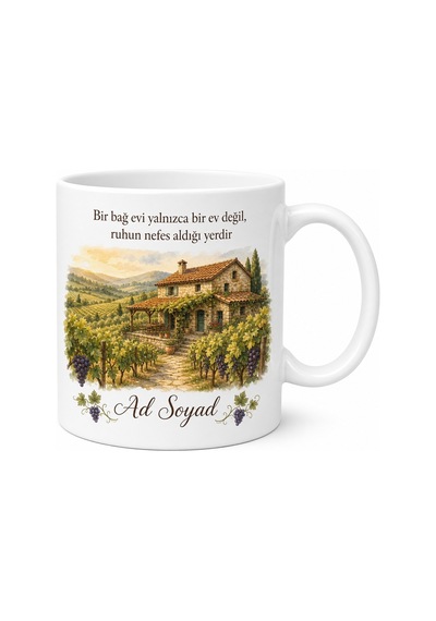 Bağ Evi Temalı Baskılı Kupa Bardak Hediye Özel Tasarım Porselen Mug Beyaz / Çok Renkli