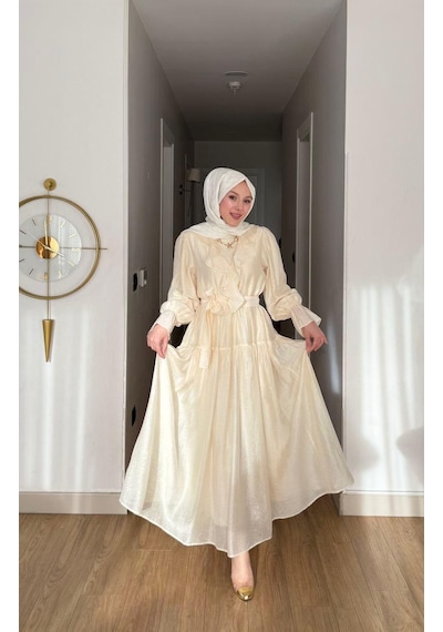 Yeni Sezon Yazlık Tensel Tesettür Elbise Zarif Ve Astarlı Model Sarı