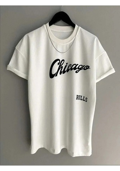 Tarzsokak Unisex Chicago Özel Baskılı Oversize Penye T-shirt Beyaz