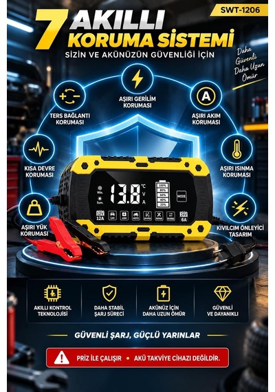 Tr Akıllı Akü Şarj Cihazı 12v 12a / 24v 6a, 4ah-200ah Lcd Ekranlı Akü Bakım Cihazı, Kış Yaz Modu, Pulse Repai
