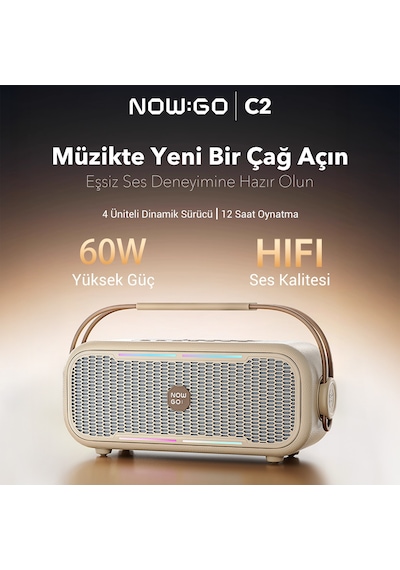 Nowgo C2 60w Taşınabilir Rgb Bluetooth Hoparlör Ipx4 Parti Speaker Bej