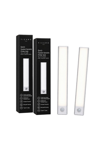 Tıcaro 32 Cm Cct Sensörlü Şarjlı Led Dolap Işığı, 62 Led, 2200 Mah, 2 Adet Gümüş