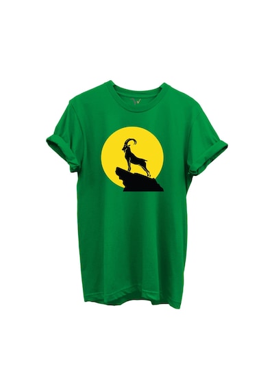 Dağ Keçisi Siluet Baskılı %100 Pamuk Regular Fit Bisiklet Yaka Unisex T-shirt Yeşil