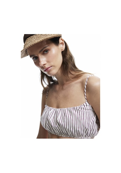 Koton Koton X Melis Ağazat - İp Askılı Gabardin Büzgülü Çizgili Kare Yaka Crop Bluz Bordo Çizgili 5sak30053uw Bordo Çizgili