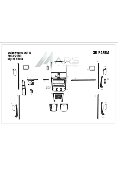 Volkswagen Golf 5 Torpido Kaplama Digital Klima 2003-2008 30 Parça Koyu Meşe