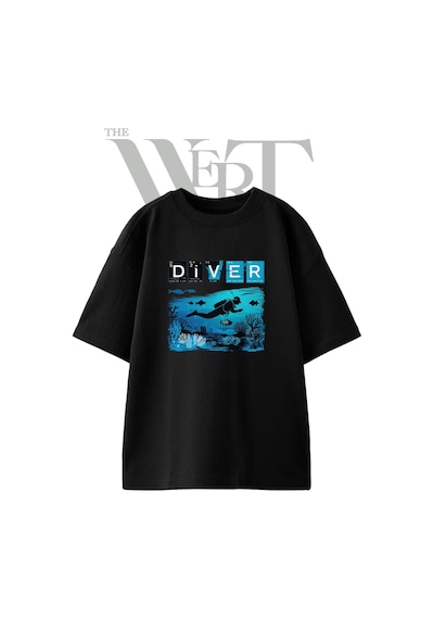 Thewert Diver Tasarım Baskılı Ünisex Siyah Oversize T-shirt