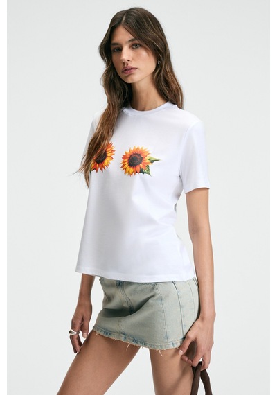 ETHIQUET KARIVA Kadın Bisiklet Yaka Kısa Kollu Ön Baskı Detaylı Regular Fit Beyaz / Desenli T-Shirt