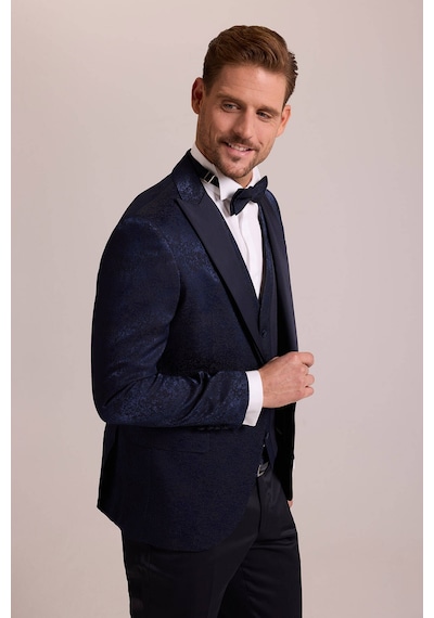 Ysf Erkek Lacivert Slim Fit Kırlangıç Yaka Desenli Damatlık