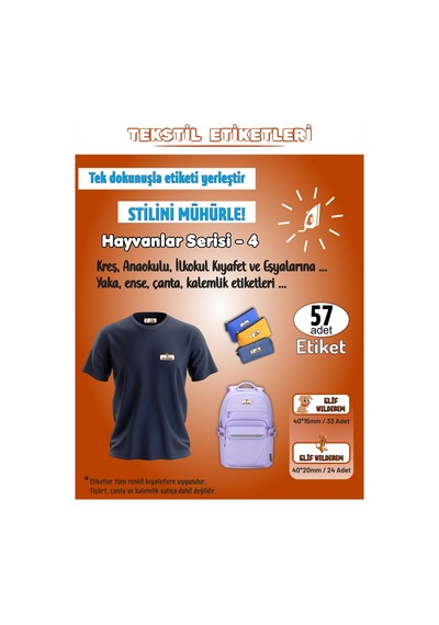 Hayvanlar Serisi - 4 Kreş Anaokulu İlkokul Kıyafet Eşya Yaka Ense İsim Etiketi 57 Adet Karışık