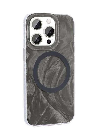Apple Uyumlu iPhone 15 Pro Kılıf M-safe Şarj Özellikli Fırça Boya Desenli Zore Palet Kapak Gri