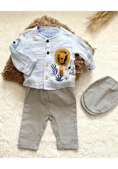 Minaz Baby Şapkalı Üçlü Takım Mavi - Gri