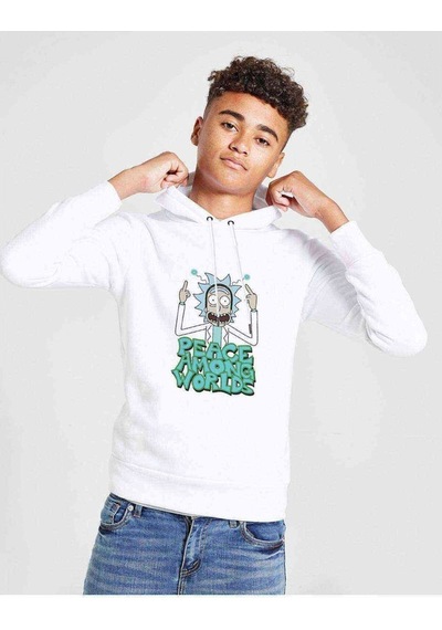 Tshirthane Rick Peace Baskılı Unisex Çocuk Kapüşonlu Beyaz Sweatshirt Beyaz