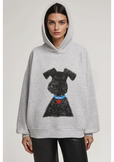 Hiccup Oversize Baskılı Kapüşonlu Sweatshirt Gri