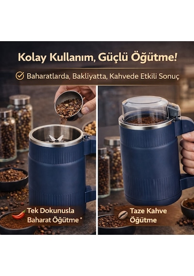 Polham Süper Güçlü Motor 500 Ml Paslanmaz Çelik 8 Bıçaklı Kompakt Baharat, Bakliyat Ve Kahve Öğütücü Mavi