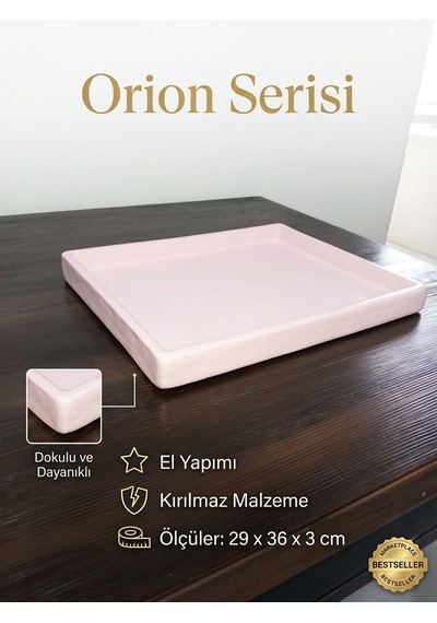 Orion Serisi El Yapımı Açık Pembe Tepsi 29x36 Cm - Kırılmaz Dekoratif Sunum Tepsisi & Kahve Tepsisi Renk