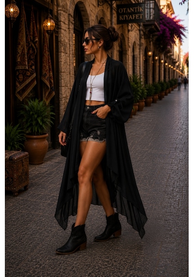 Bohem Stil Itayan Ipek Detaylı Oversize Kaftan- Pantolon Takım Siyah