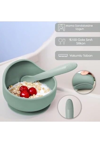 Meleni Baby 4'lü Silikon Beslenme Seti - Mama Önlüğü - Vakumlu Mama Kasesi - Pipetli Bardak - Kaşık - Yeşil Genel