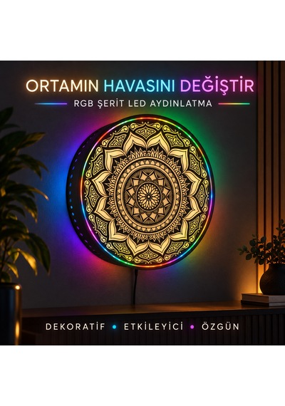 3d Baskı Rgb Led Li Mandala Duvar Dekoru Işıklı Dekoratif Pano Siyah