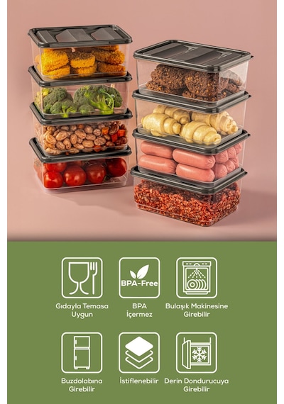 Vienev 8'li 775 Ml Buzdolabı Düzenleyici Organizer Mikrodalgaya Uygun Difriz Saklama Kabı Gri Gri