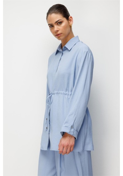 Mizalle Beli Büzgülü Modal Dokulu Mavi Tunik