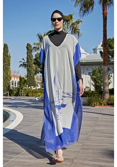 Remsa Tesettür Mayo Üzerine Tasarım Tek Kaftan Pareo Rdp003 Yelkenli Mavi