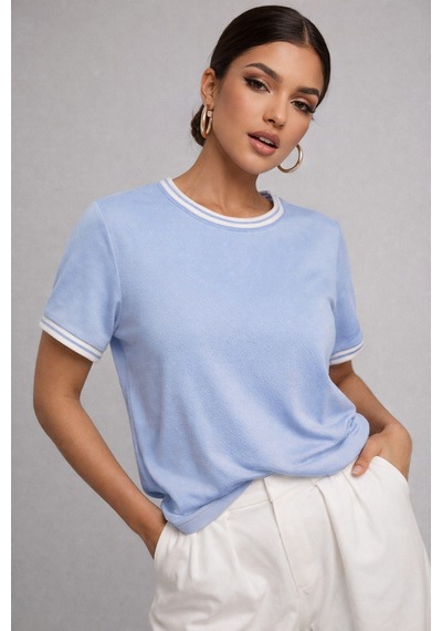 Kadın Mavi Bisiklet Triko Yaka Kısa Kollu Basic T-shirt Mavi