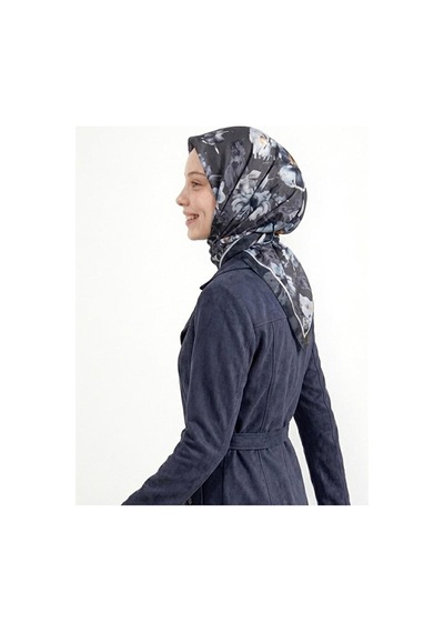 Bushu Çiçek Ve Desenli Twill Eşarp İndigo