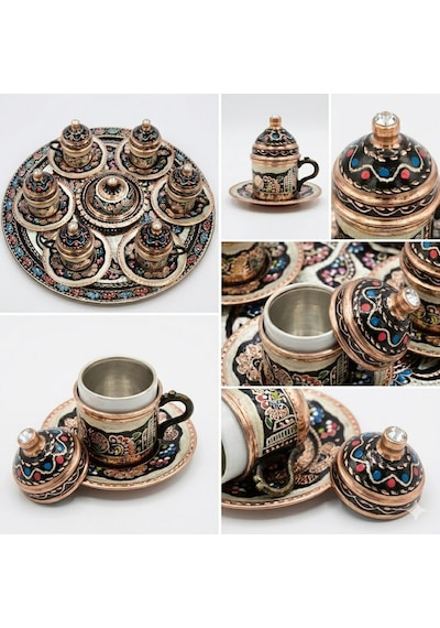 Hakiki Erzincan Bakır 8'li Kahve Fincanı Lokumluk Set Bakır