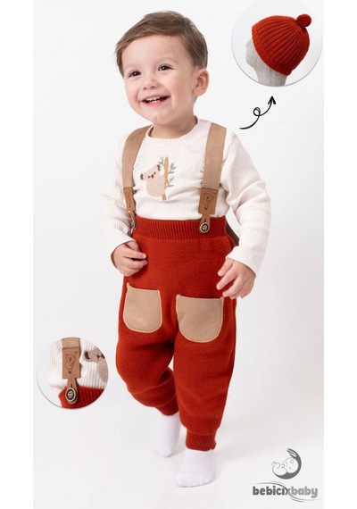 Bebicix Triko Askılı Koala Temalı Kaşkorse Esnek Badili Bereli Unisex Bebek Takım Kiremit