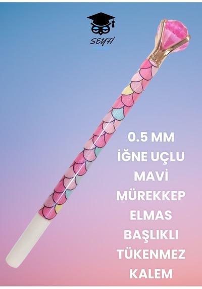 0.5 Mm İğne Uçlu Mavi Mürekkep Elmas Başlıklı Tükenmez Kalem Açık Pembe