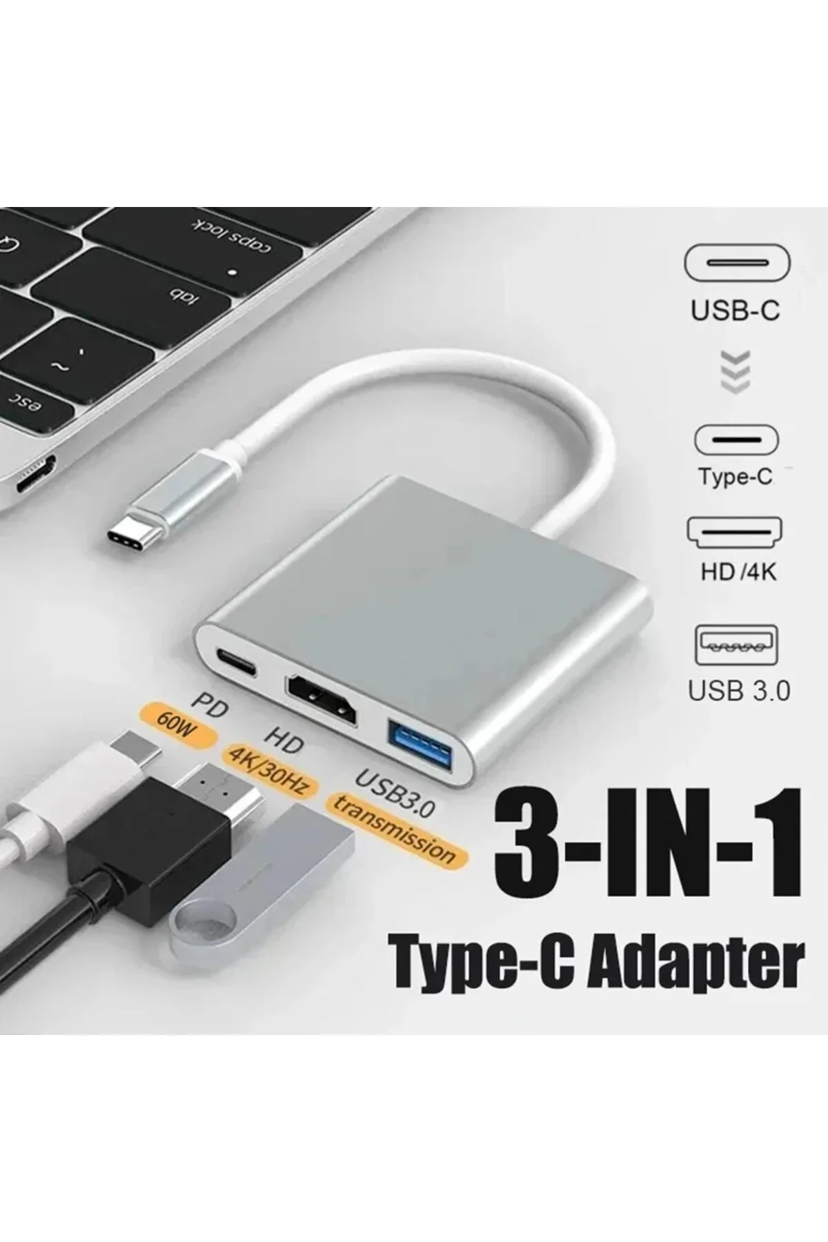 Type-c To Hdmi Usb 3.0 Type-c 3.1 Pd Şarj Çevirici Dönüştürücü 4k Notebook/pc/Macbook Uyumlu  İçin Adaptör