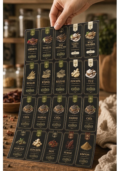 57 Çeşit Premium Baharat Etiketi Seti Suya Dayanıklı Folyo Kavanoz Sticker Siyah