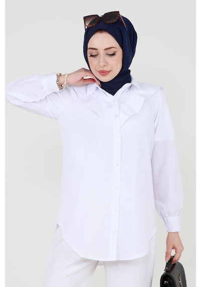 Sevitli Yakası Kat Detaylı Poplin Tunik-beyaz-3520-beyaz Beyaz