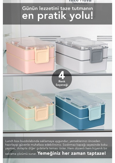 2 Katlı Kilitli Beslenme Kabı - Kendinden Çatal Kaşıklı Lunch Box Beslenme Kutusu Saklama Kabı Pembe Pembe