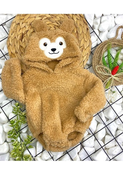 Aden Kids Kapüşonlu Bebek Peluş Çıtçıtlı Body Kahverengi
