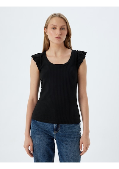 Koton Fırfırlı Karpuz Kol Tişört Yuvarlak Yaka Ribanalı Slim Fit Siyah 5wak10179ek Siyah