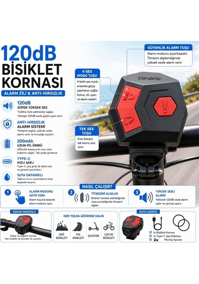 Luve Store 120 Db Usb Type-c Şarjlı Bisiklet Kornası Elektrikli Zil Hareket Sensörlü Alarm Scooter Uyumlu Siyah - Kırmızı