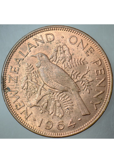 Yeni Zelanda 1 Penny 1964 Kraliçe Iı. Elizabeth. Tui Kuşu. 31 Mm Bronz. Çilaltı.