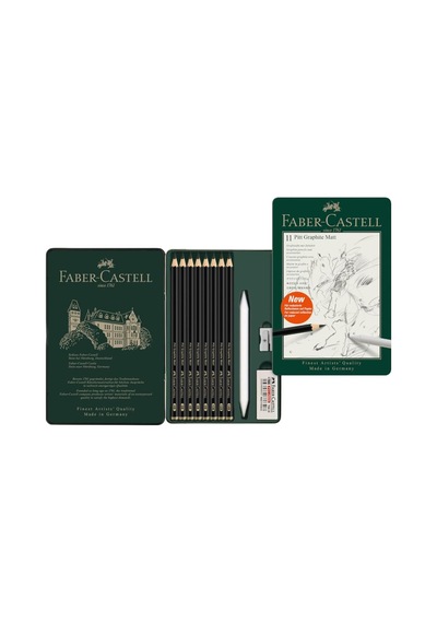 Faber-castell Pitt Matt Dereceli Kalem Seti, 11 Parça, Ultra Mat Siyah Ton, 14b Kalem, Geçiş Kalemi, Kalemtıraş Ve Genel