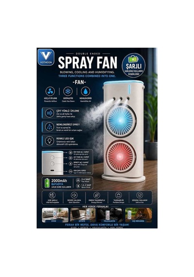 Çift Başlıklı Sprey Fan Nemlendirici Ve Renkli Led Işıklı Beyaz Evimdeyokyok