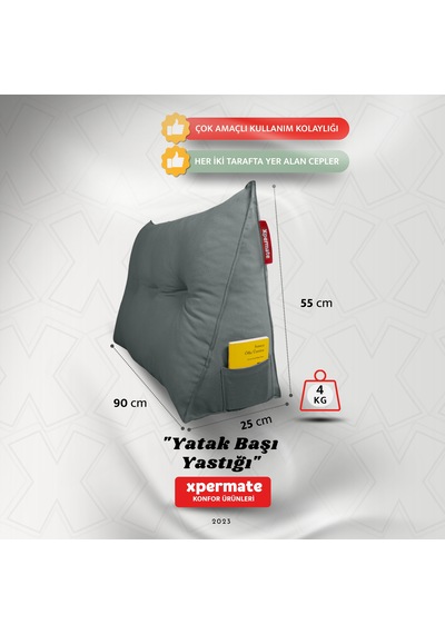 Yatak Başı Yastığı Sırt Ve Bel Destek Yastığı 90 Cm Yaslanma Ve Dinlenme Yastığı Gri