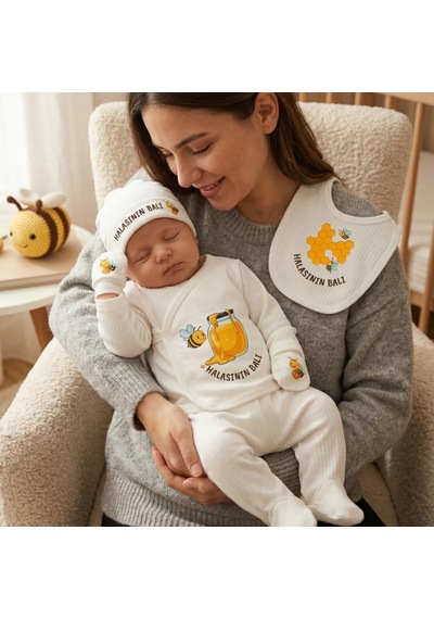 Lexroo Halasının Balı Yazılı Bebek Hastane Çıkış Seti 5 Li Zıbın Set%100 Pamuk Çok Renkli