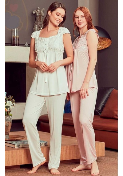 Bone Club 4906 PUDRA Hamile Lohusa 3 Lü Dantel Kollu Pijama Sabahlık