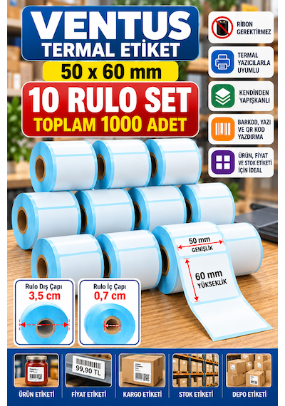 Ventus 50mmx60mm Termal Etiket 1 Rulo 100 Etiket 10 Rulo